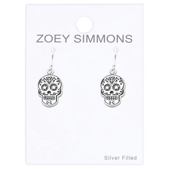925 Sterling Silver Halloween Sugar Skull Earrings Day of the Dead Dangle NEW - Picture 2 of 9